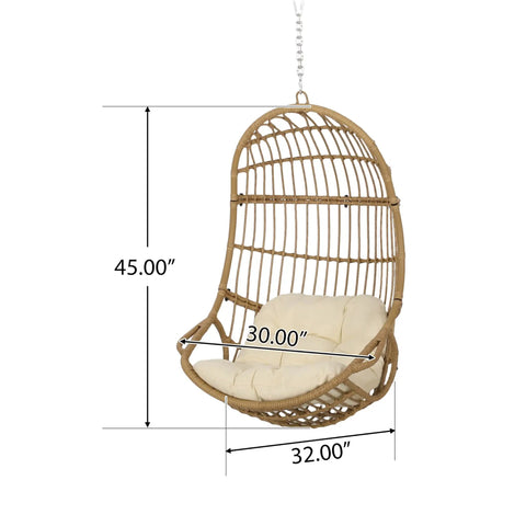 Mariah Wicker Hanging Chair With Cushion For Indoor Outdoor Chill Lounger, Modern Boho Style, light brown and beige