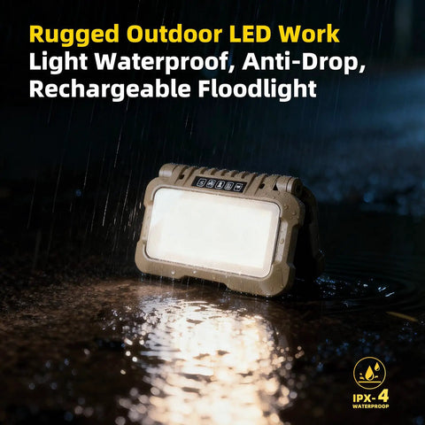 Rugged outdoor LED work light, waterproof, anti-drop, USB-C rechargeable floodlight in the rain.