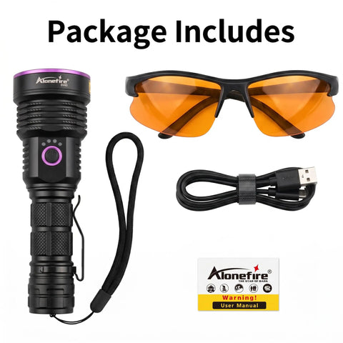 Ultra Bright 365nm UV Flashlight 36W USB C Rechargeable Black Light kit with glasses, USB cable, and manual