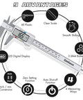 Go-To Digital Caliper With LCD Display 0 To 6 Inch Range Inch To Millimeter Conversion Auto Shutoff features and specifications.