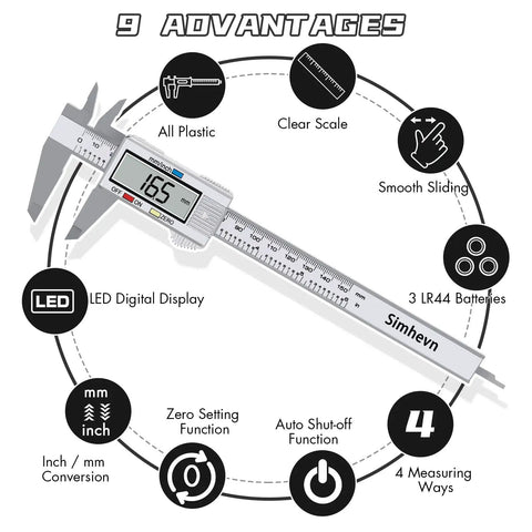 Go-To Digital Caliper With LCD Display 0 To 6 Inch Range Inch To Millimeter Conversion Auto Shutoff features and specifications.
