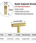 Gold cabinet knobs with knurled pattern, 0.47 inch width, 2 inch length, ideal for furniture, easy installation instructions included.