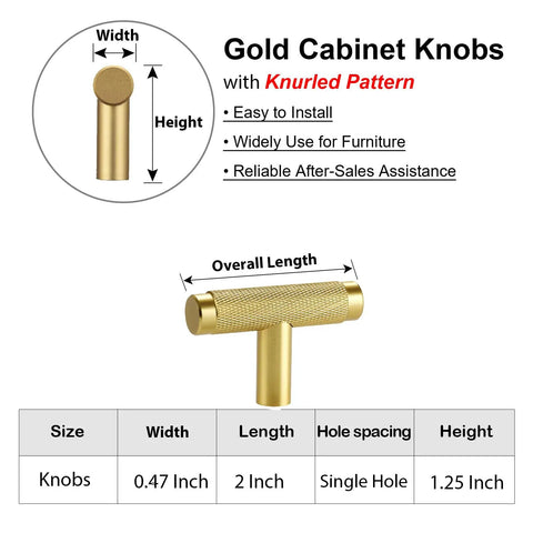 Gold cabinet knob with knurled pattern, 0.47 inch width, 2 inch length, shown above product dimensions and features list.
