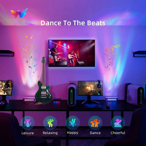 Smart LED Light Bar With RGBICW, Four Light Beads, in a gaming room with music-sync ambient lighting and colorful projection.