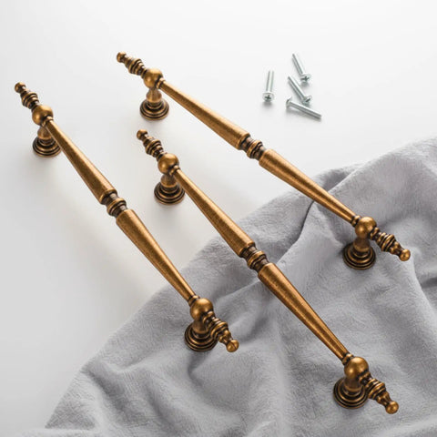 Antique Brass Cabinet Pulls Set For Retro Vibe 10 Pack 6.3 Inch Long 3.78 Inch Hole Center Drawer Handles on fabric