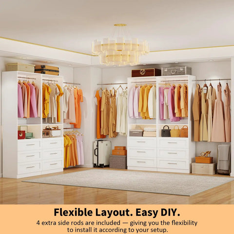 Customizable Four Piece Closet System With Twelve Wooden Drawers And Open Shelves Expands From Eight To Twenty One Feet in a bright room layout.
