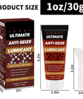Ultimate anti-seize lubricant box, tube, and white spatula in copper-brown packaging, 1 oz