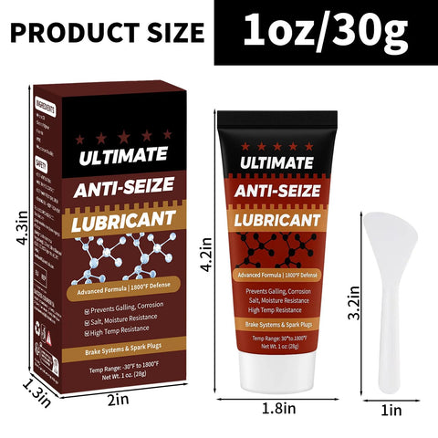 Ultimate anti-seize lubricant box, tube, and white spatula in copper-brown packaging, 1 oz