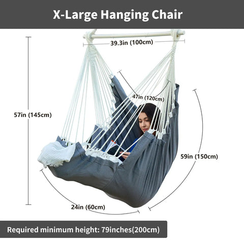 Person using Heavy Duty Hanging Hammock Chair Swing With Footrest For Outdoor Patio Porch Lounge Up To 500 Lbs, Indoor Bedroom Living Room Relax Seat, Includes Portable Steel Spreader Bar And Hardware Kit, Dark Grey