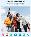 Four people using 3 In 1 Mini Wireless Lavalier Microphone For iPhone And Android Clip On Lapel Mic with smartphones outdoors.