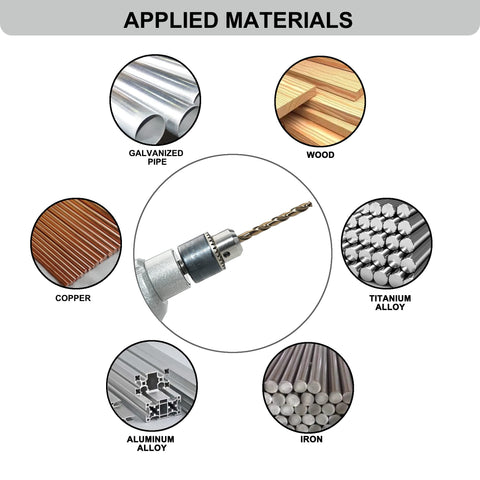 Infographic showing One Quarter Inch Cobalt Drill Bits M35 HSS 135 Degree Tip Jobber Length Twist Drill Bit Set for various materials.