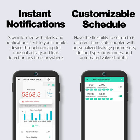 Mobile app interface for One Inch Pulse Meter And Auto Shutoff Valve Kit featuring notifications and scheduling options.