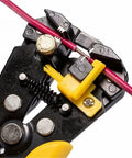 Mengkk Multifunctional Crimpers Tool With Automatic Wire Stripping And Cutting Machine For Professional Ethernet Cable Termination Rojo close-up of ratcheting mechanism and wire.