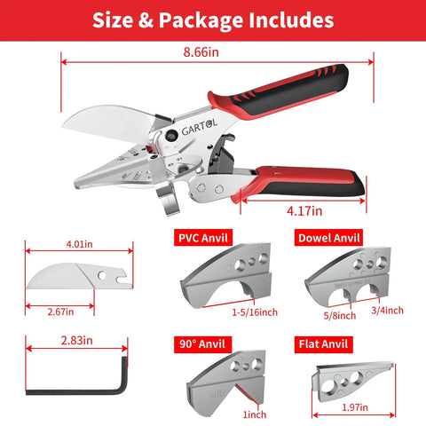 Adjustable Ratchet Miter Shears For Precise Multi Angle Cutting Of Quarter Round Shoe Molding And PVC Trim With Five Interchangeable Anvils And SK5 Blade