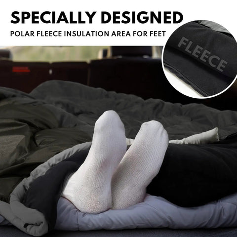 Close-up of feet in a grey XXL Winter Sleeping Bag For Adults And Kids, 4 Season Cold Weather Camping Gear, showing fleece insulation area.