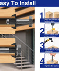 Installation diagram for 100 Pack 1/4-20 T Nuts for Wood, Black Carbon Steel 4 Prong Tee Nuts, step-by-step installation process visible.