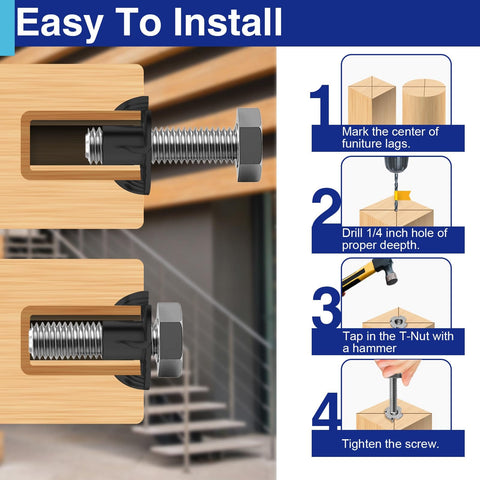 Installation diagram for 100 Pack 1/4-20 T Nuts for Wood, Black Carbon Steel 4 Prong Tee Nuts, step-by-step installation process visible.