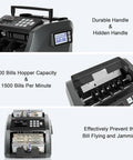 Cash Counting Machine With Bank Grade Counterfeit Detection UV MG IR DD, 3.5 Inch TFT Display, shown with open bill tray