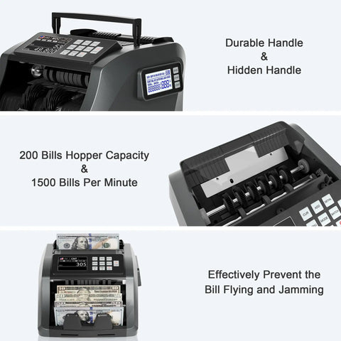 Cash Counting Machine With Bank Grade Counterfeit Detection UV MG IR DD, 3.5 Inch TFT Display, shown with open bill tray