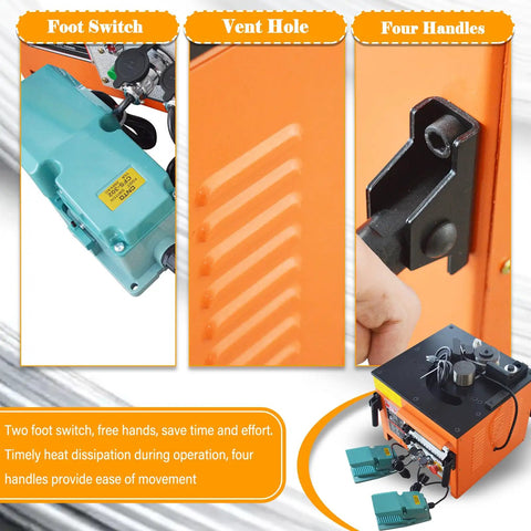 Foot switch, vent hole, and handles of Job Site Ready 1/4 To 1 Inch Electric Rebar Bender With Dual Foot Switch For Heavy Duty Construction Tasks And Effortless 0 To 180 Degree Steel Bending 1700 Watt Beast.
