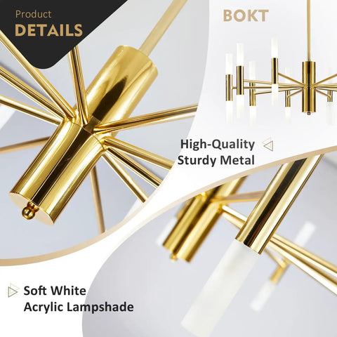 Lit Modern 20 Light LED Sputnik Chandelier With Acrylic White Shades Gold Finish Mid Century Pendant Light detail view