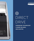 Close-up of the Touchless Counter Mount Soap And Hand Sanitizer Dispenser in Chrome with 1.5 L Capacity highlighting direct-drive tech.