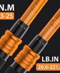 Pro Grade Quarter Inch Torque Wrench Kit With 72 Tooth Click Type 30 To 220 Inch Pound Range Dual Scale Newton Meter And Inch Pound MTB Bike Maintenance Set showing dual scale measurements in orange detail.