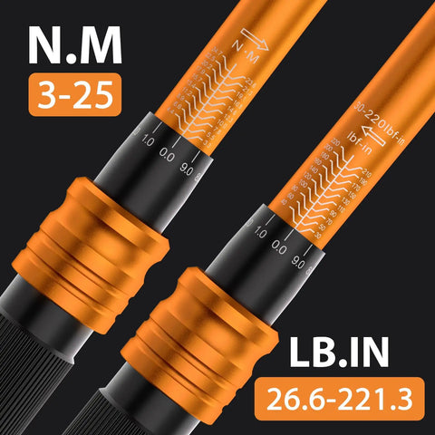 Pro Grade Quarter Inch Torque Wrench Kit With 72 Tooth Click Type 30 To 220 Inch Pound Range Dual Scale Newton Meter And Inch Pound MTB Bike Maintenance Set showing dual scale measurements in orange detail.