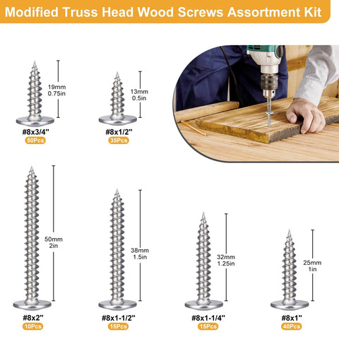 Size Eight Modified Truss Head Wood Screws Set Stainless Steel 410 Self Tapping Assortment 165 Pieces for DIY Projects