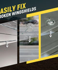 Before and after image of windshield crack repair using DIY Windshield Chip Repair Kit 2 Pack With UV Activated Resin, Advanced Injection Head And Suction Cup, Quick Fix For Bullseye Cracks And Chips, Car Glass Repair Liquid Kit.