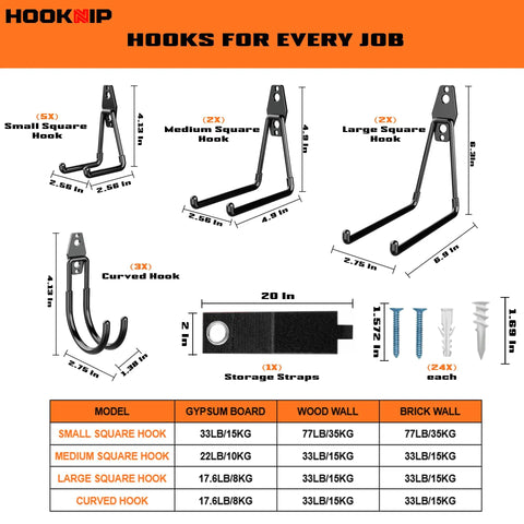 Heavy Duty Garage Wall Hooks Set With Anti Rust PVC Coating diagram showing hook types and dimensions.