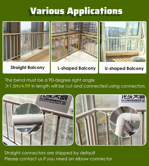 Rock Solid White Mezzanine Railing Guard With Zero Fuss Tool Free Window Mount For Balconies Decks Stairs Heavy Duty Aluminum Steel Security Barrier Quick Setup showcased on straight, L-shaped, and U-shaped balconies.