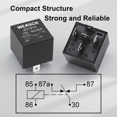Image of 12V 3 Way Fuse Relay Kit With 5 Pin SPDT 40A Heavy Duty 12 AWG Copper Wires showing the relay component and wiring diagram.