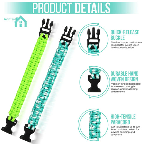 12 Pack Paracord Survival Bracelets With Quick Release Clips In Assorted Colors, close-up detail of durable and adjustable design.