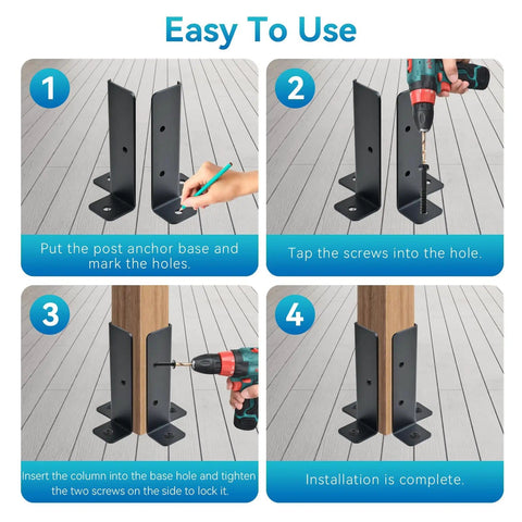 Step-by-step installation of Adjustable Deck Post Anchor Base Brackets For 1.5x1.5 To 4x4 Wood Posts Kit Fits 2x2 2x4
