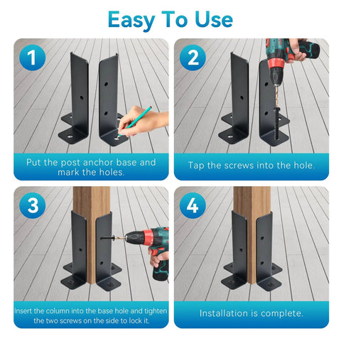 Step-by-step installation of Eight Piece Adjustable Deck Post Anchor Base Brackets Set for Deckin Fencing Pergola Railing Patio Covers.