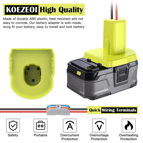 2 Pack Power Wheels Adapter Kit for Ryobi 18V Battery With 30A Fuses, durable connectors, quick wiring terminals, ABS plastic.