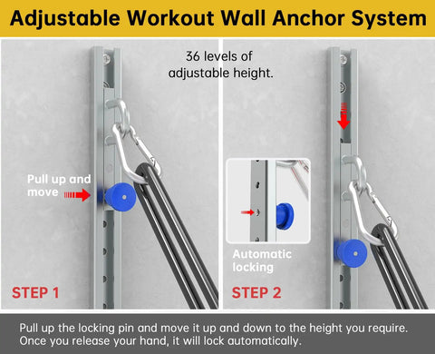 Wall Mounted Multi Functional Fitness Anchor System With Adjustable Resistance Bands Designed For A Compact Home Setup To Crush Reps And Level Up Your Daily Strength Training Routine In Blue, showing adjustable height mechanism.