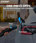 Screaming Fast 48 Amp Level 2 EV Charger With Nacs Connector And Rock Solid Hardwired 11Kw Build For Tesla Rides showing one-press Tesla charge port opener.