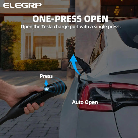 Screaming Fast 48 Amp Level 2 EV Charger With Nacs Connector And Rock Solid Hardwired 11Kw Build For Tesla Rides showing one-press Tesla charge port opener.