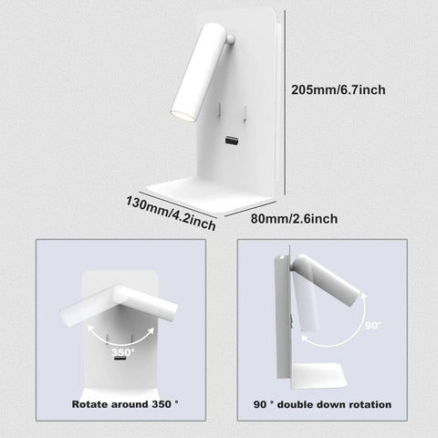 Dimensions and rotation ability of Plug In Wall Light For Bedroom With Two Separate Switches, LED Reading Light And Chill Night Light, USB Port
