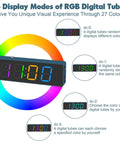 DIY Clock Soldering Kit With 4 Digit Digital Alarm Clock, RGB Lighting Modes, 4 display modes infographic with rainbow colors