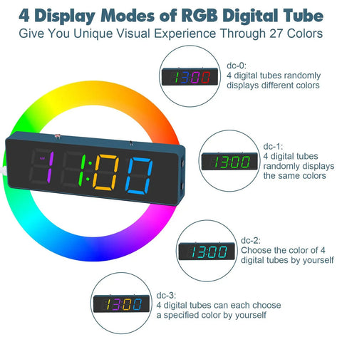 DIY Clock Soldering Kit With 4 Digit Digital Alarm Clock, RGB Lighting Modes, 4 display modes infographic with rainbow colors