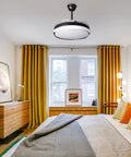 42 Inch Retractable Bladeless Ceiling Fan With Light And Bluetooth Speaker Dope Black Fandelier installed in bedroom