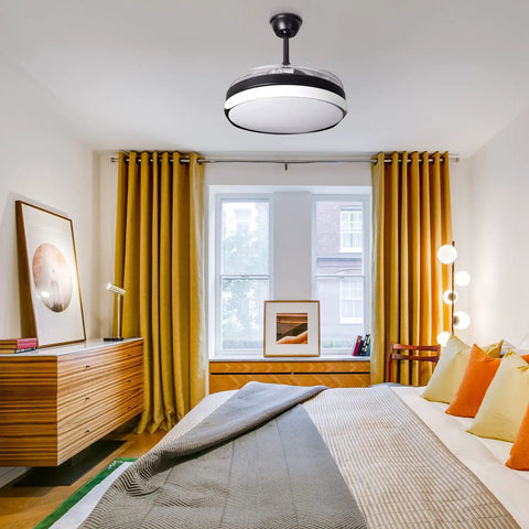42 Inch Retractable Bladeless Ceiling Fan With Light And Bluetooth Speaker Dope Black Fandelier installed in bedroom
