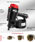 Pro Grade Pneumatic Coil Pallet Nailer showing sturdy aluminum housing, soft rubber grip, and tool-free air exhaust design.