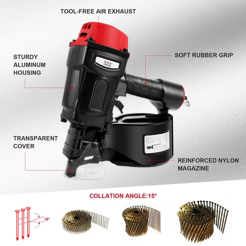 Pro Grade Pneumatic Coil Pallet Nailer showing sturdy aluminum housing, soft rubber grip, and tool-free air exhaust design.