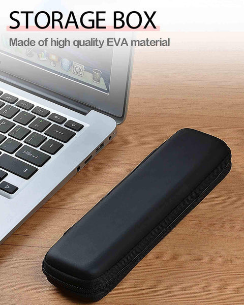 Heavy Duty Slim Pencil Case For Adults And Jetsetters With Dang Tough Waterproof Hard Shell Armor, black EVA storage box next to laptop.