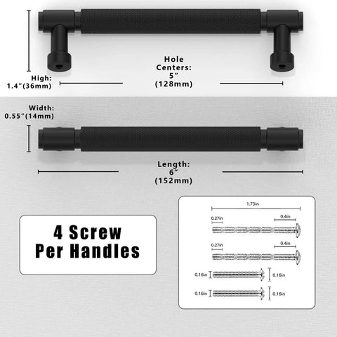 Slick Matte Black Knurled Cabinet Pulls 10 Pack 5 Inch Center To Center Kitchen Drawer Handles dimensions showing 6 inch length.