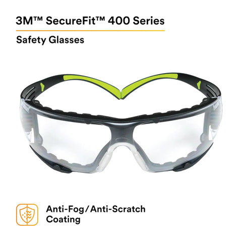 SecureFit 400 Safety Glasses For Men And Women With Anti Fog Anti Scratch Clear Lenses, Green And Black Frame, Lightweight Polycarbonate, UV Protection, Flexible Temples, Removable Foam Gasket, No Slip Fit For All Day Comfort